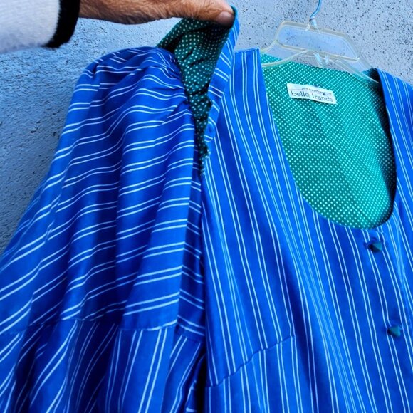 1980s Belle France Blue Stripe Cotton Midi Dress Puffy Sleeves Pockets Sz 6 - Picture 13 of 14